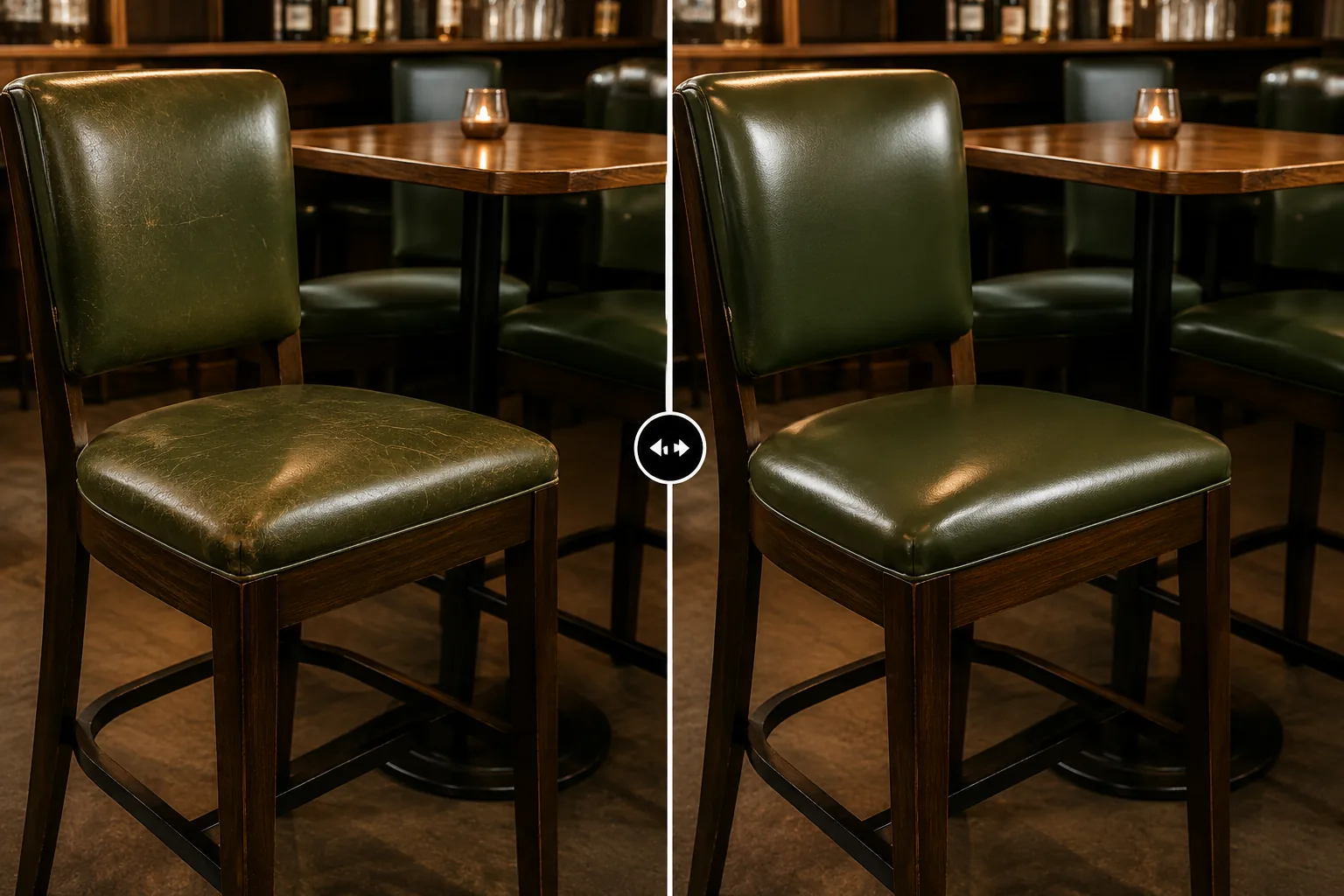 Green leather bar stool shown before and after restoration, creasing and pale wear gone from the seat after bar furniture restoration NYC