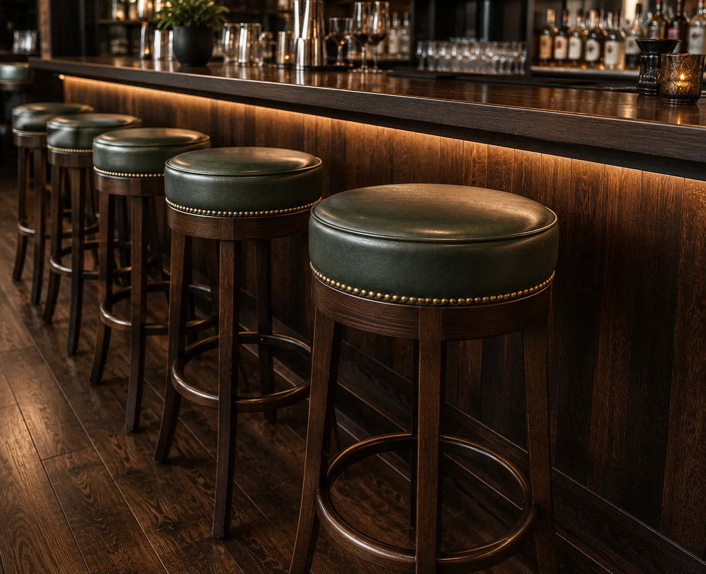 Green leather bar stools along a restaurant counter