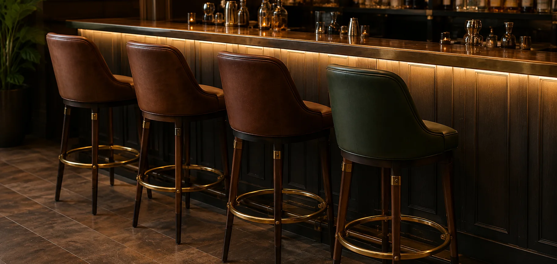 Brown and green leather bar stools with brass footrails along a restaurant bar