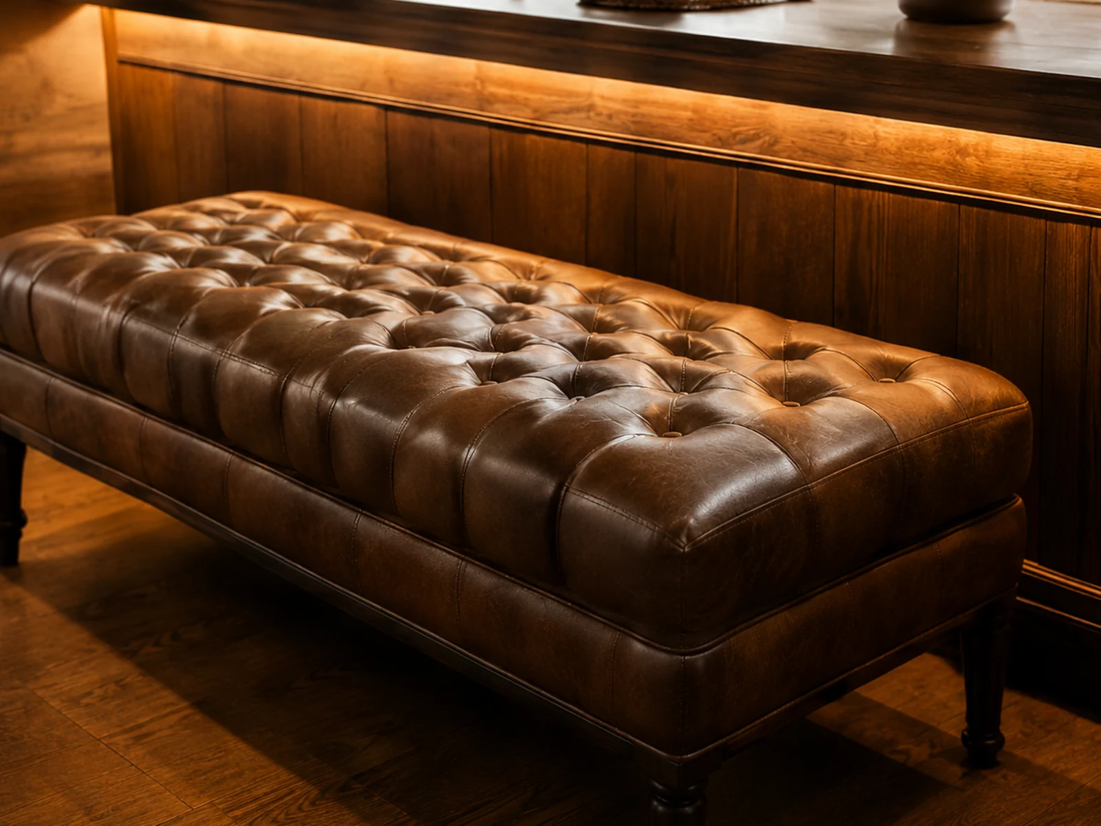 Tan buttoned leather bench reupholstered for a restaurant waiting area