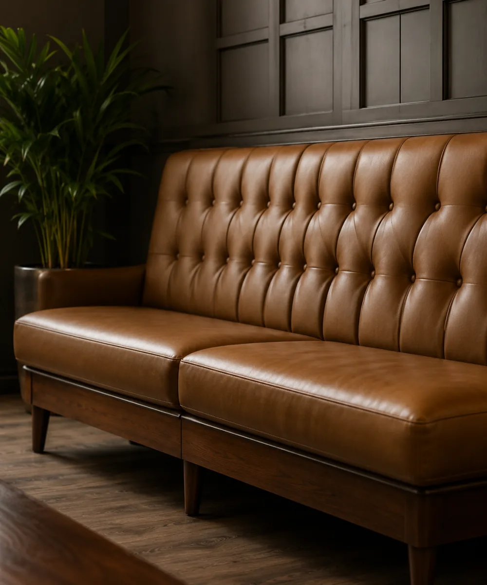 Tan button-tufted leather bench in a restaurant, the tufting ties re-anchored from behind
