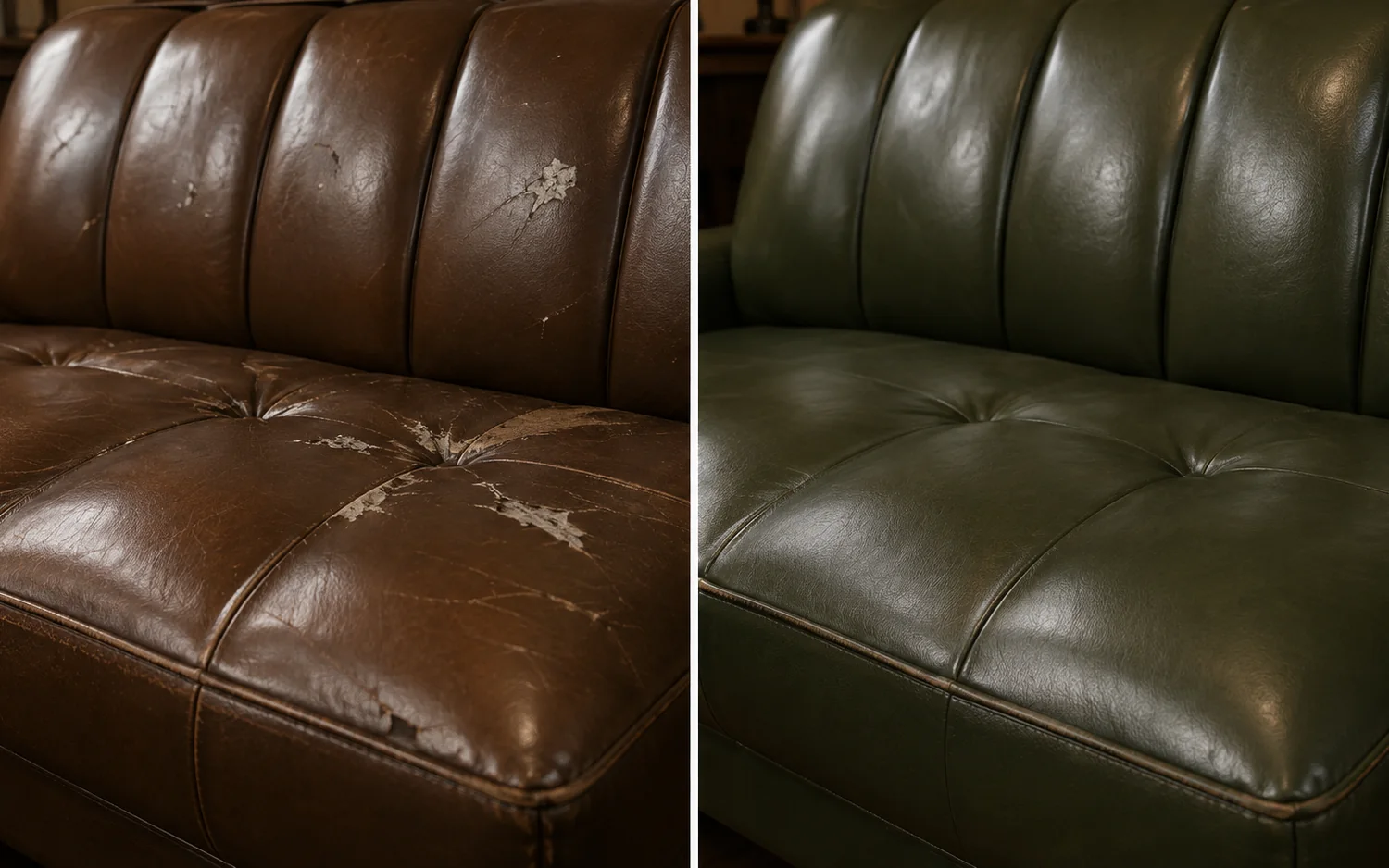 Restaurant booth back before and after reupholstery, cracked brown leather recovered in dark green