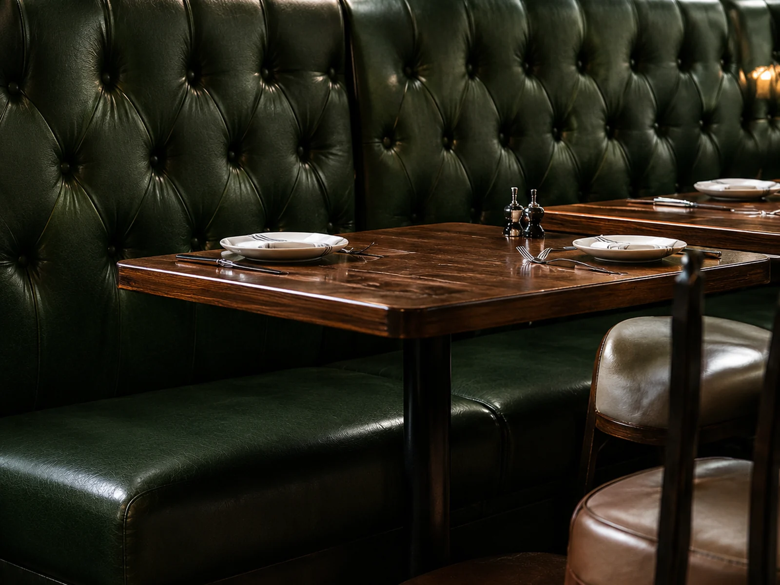 Green tufted restaurant banquette run reupholstered in leather, with dining tables set for service