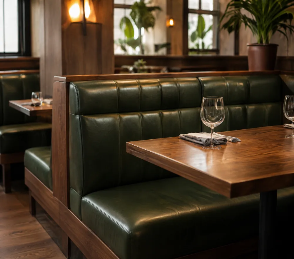 Green leather restaurant booths with wooden tables, the fixed booth seating a restaurant furniture repair covers in place