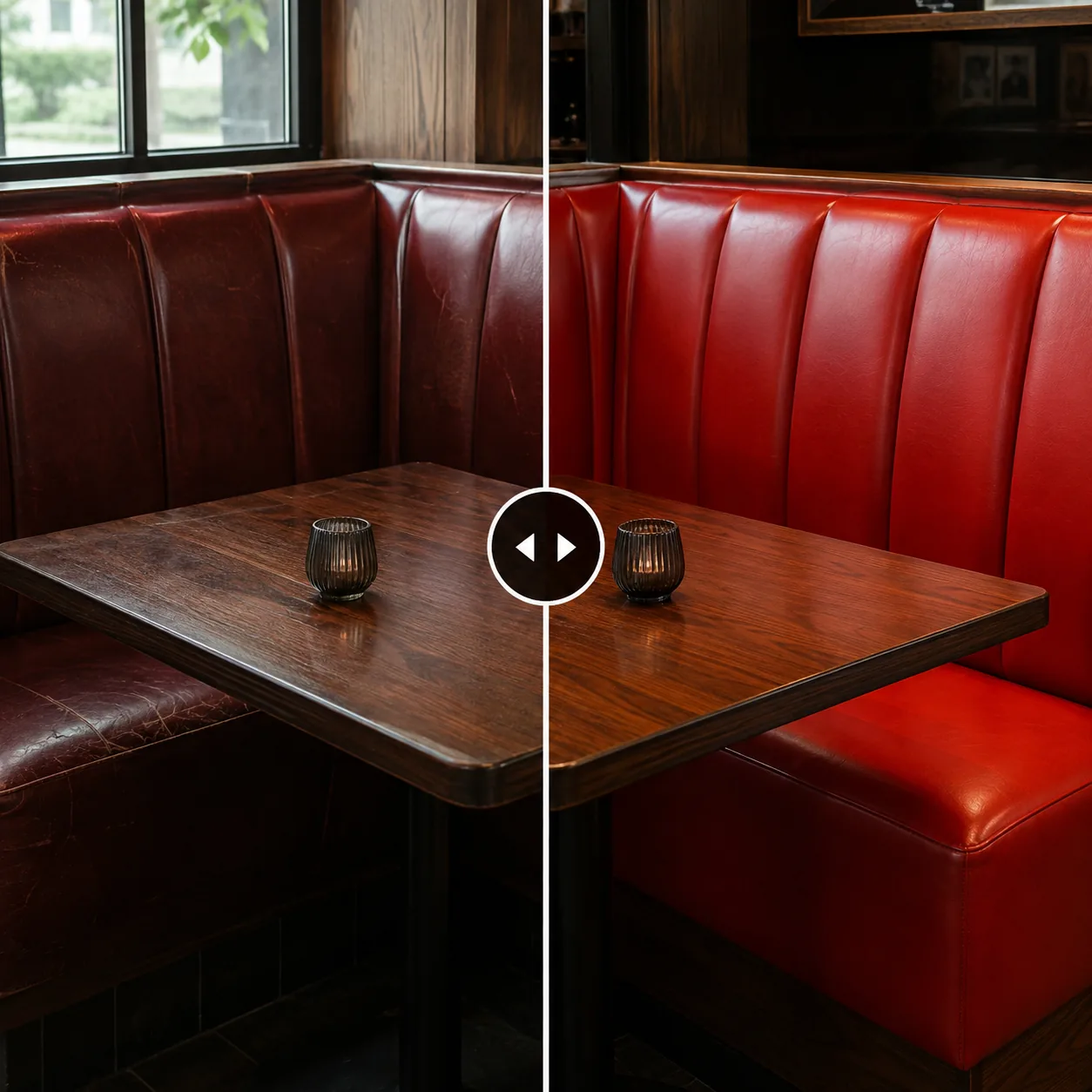 Red leather booth beside a dark wood table, faded on one side and returned to full color on the other