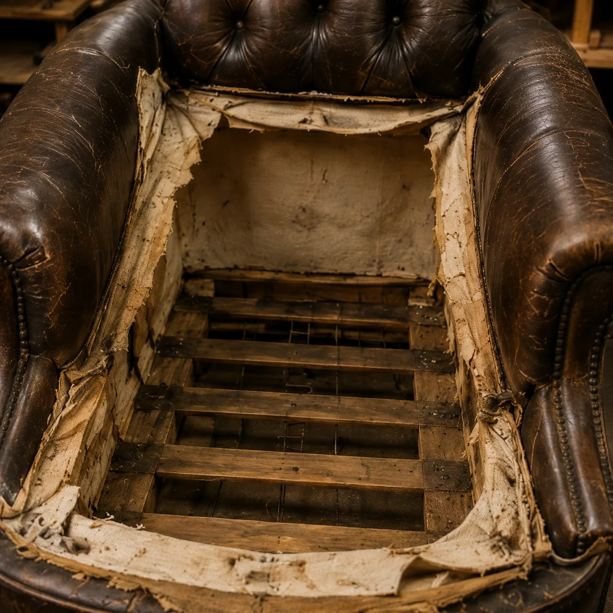 A chair stripped back to bare wood with its coil springs exposed and tied in rows