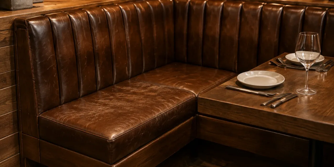 Restaurant booth repair NYC: channel-tufted corner banquette in a dining room