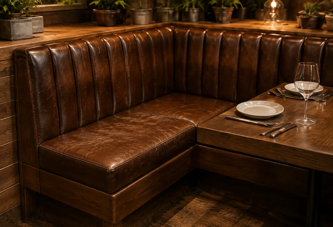 Channel-tufted corner banquette in a restaurant