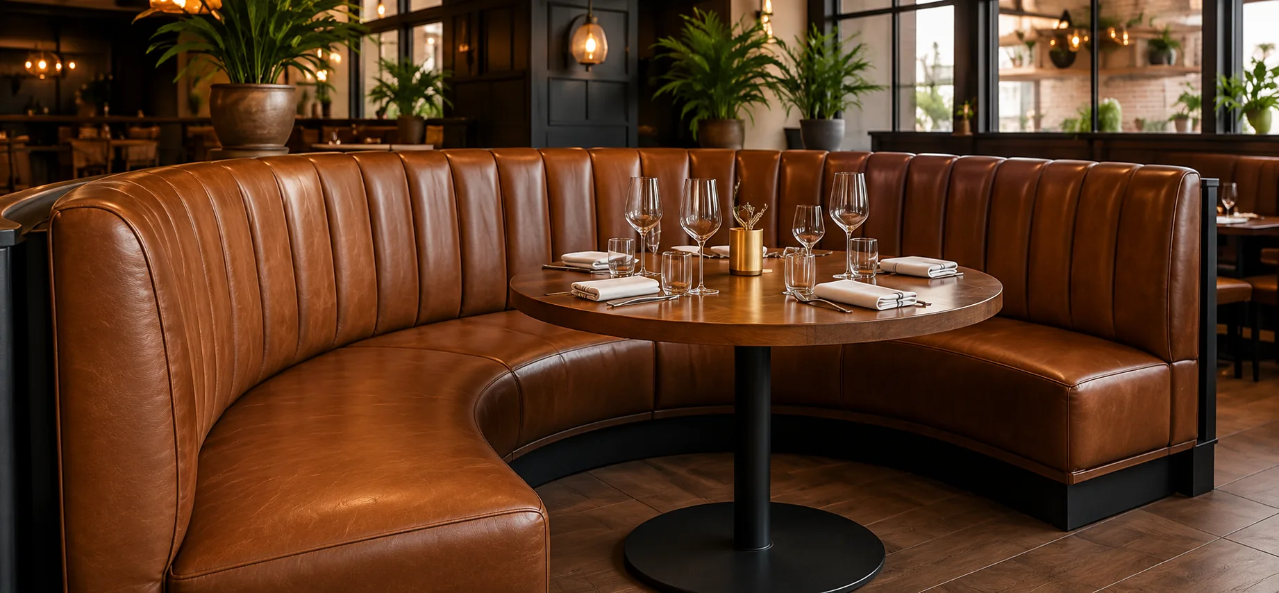 Curved tan leather booth with a round table in a restaurant, the kind of fixed seating repaired in place
