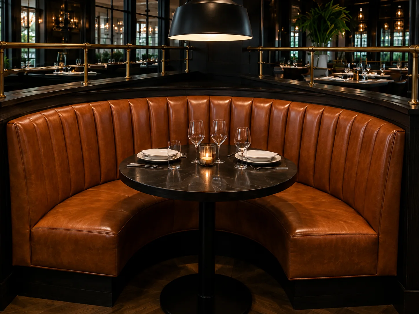 Curved tan leather booth around a round table, recovered on its existing carcass