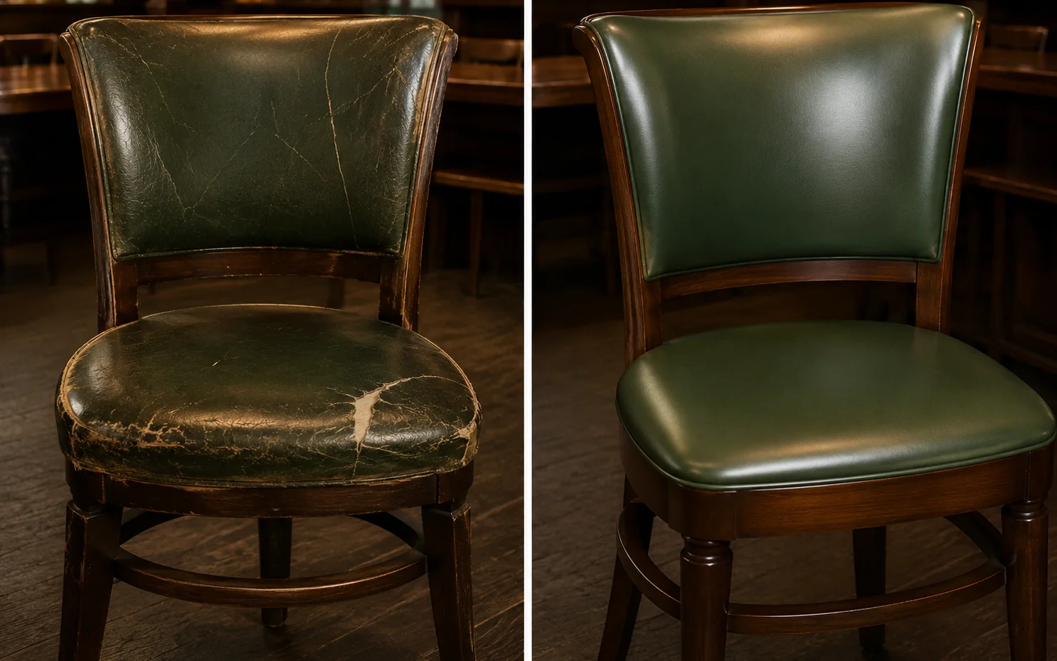 Restaurant dining chair before and after reupholstery, split green leather seat and back recovered