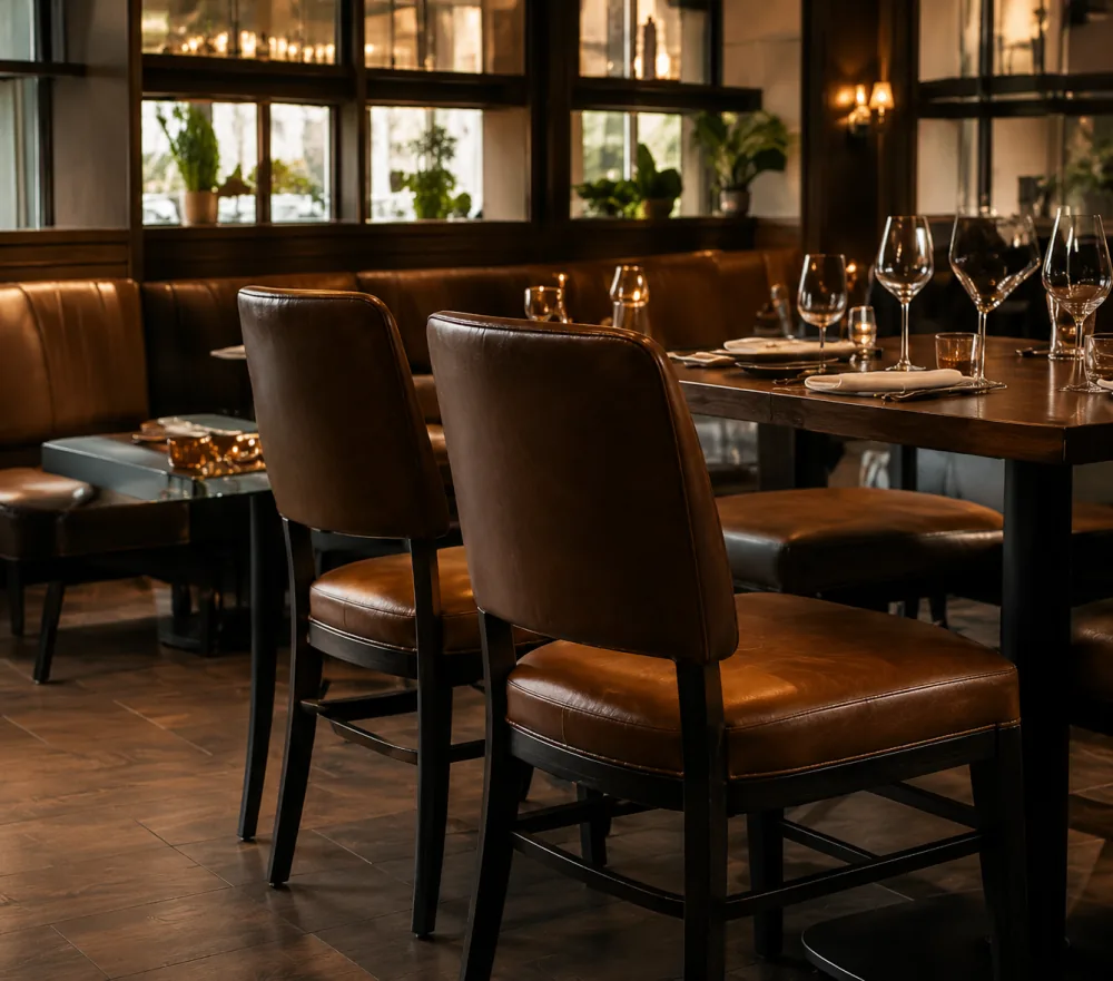 Brown leather dining chairs at a restaurant table, the loose seating repaired a few at a time