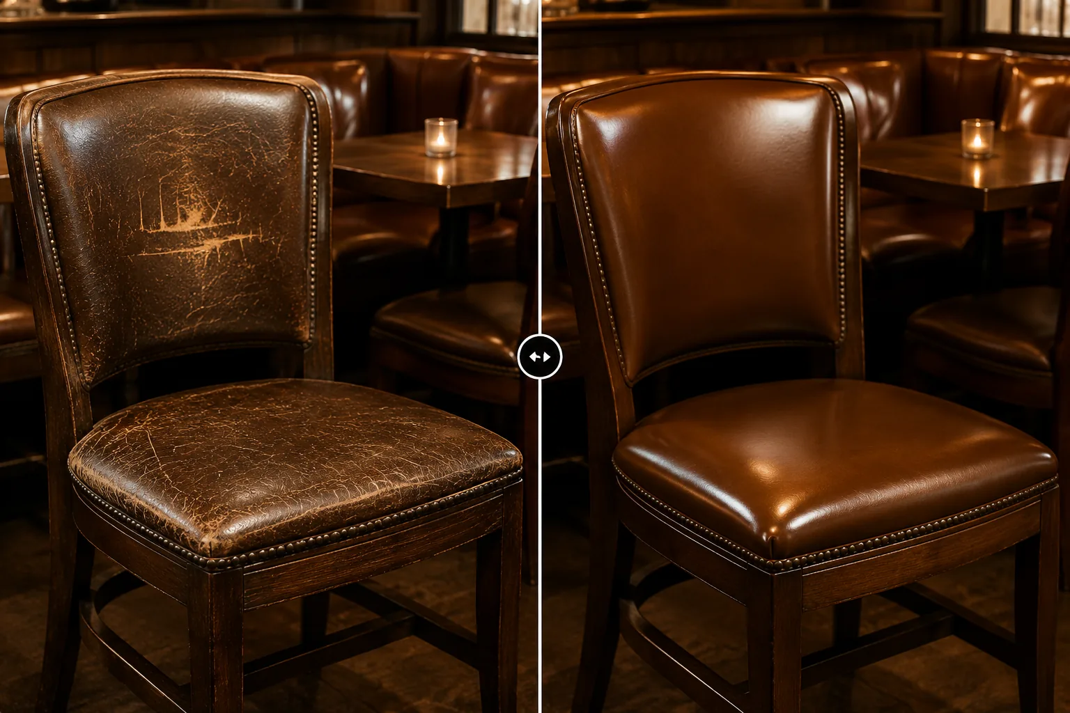 Brown leather chair with brass nailheads, crazed finish on one side and a smooth rebuilt finish on the other