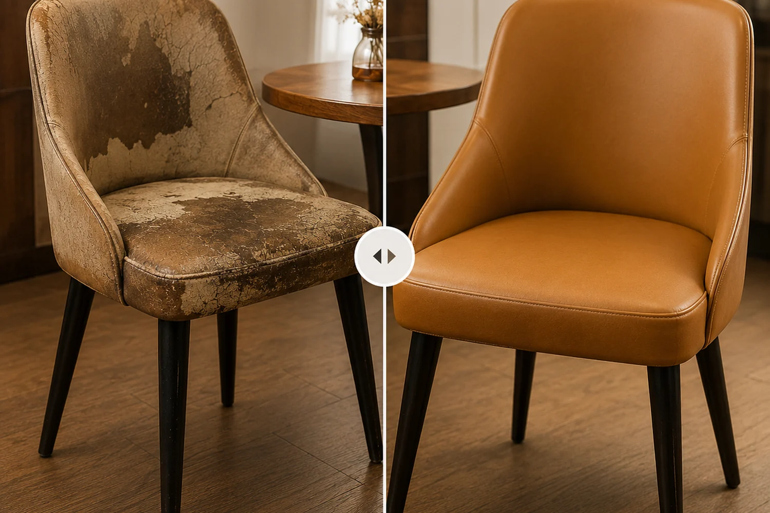 Before and after of a dining chair, the cracked and peeling cover on the left and the same chair recovered in smooth tan leather on the right