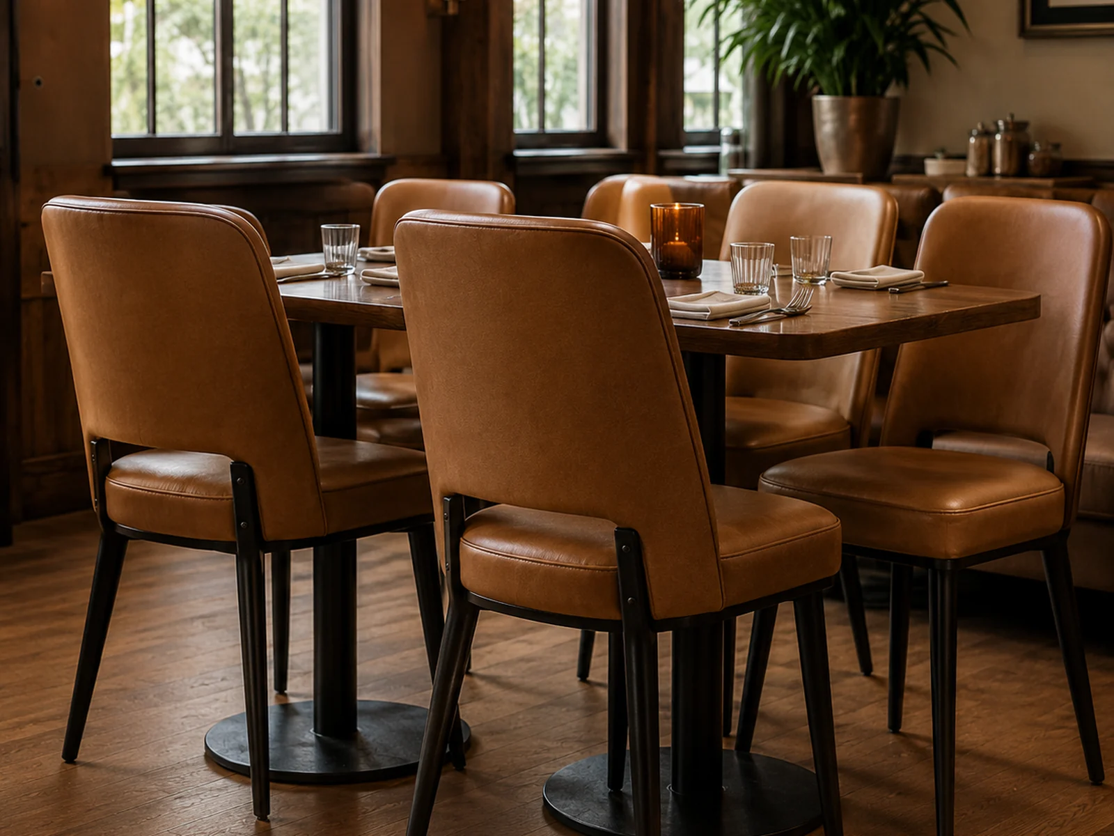Tan leather restaurant dining chairs reupholstered on their existing frames around a dining table