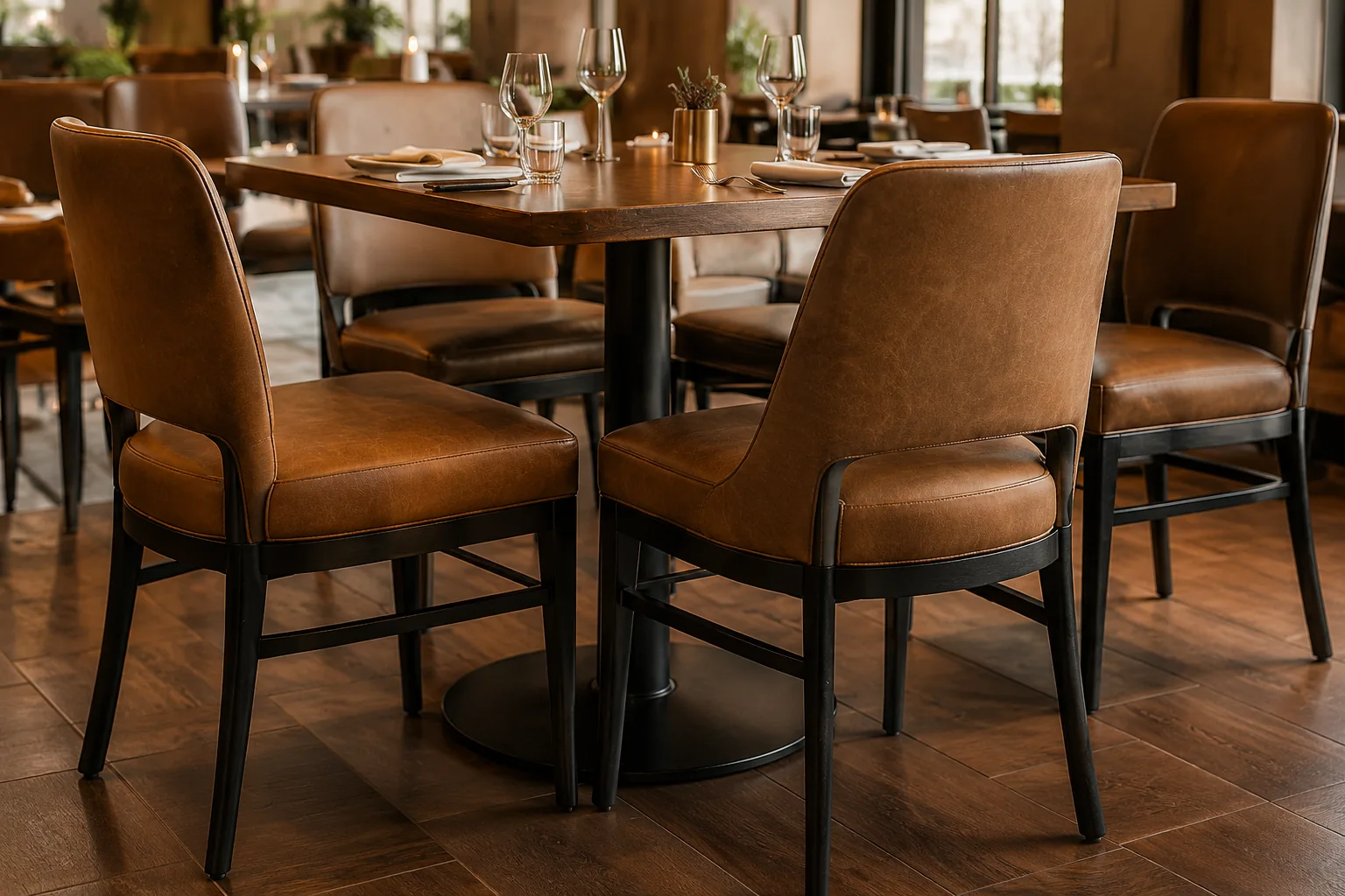 Tan leather dining chairs around a restaurant table, repaired a few at a time in the room