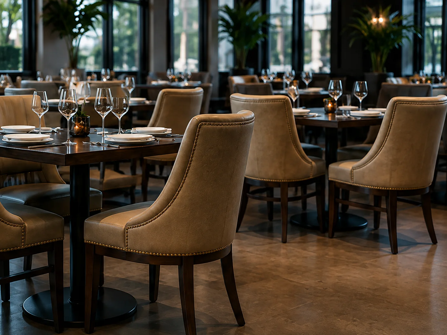 Tan leather dining chairs pulled up to a wooden table beside a tall window
