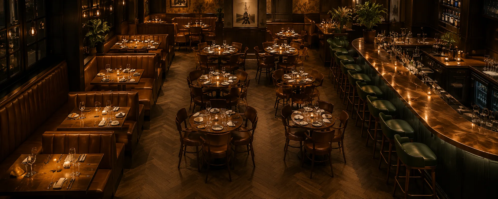 A restaurant dining room after service, with a wall banquette run, booth bays, dining chairs and bar stools all in one room