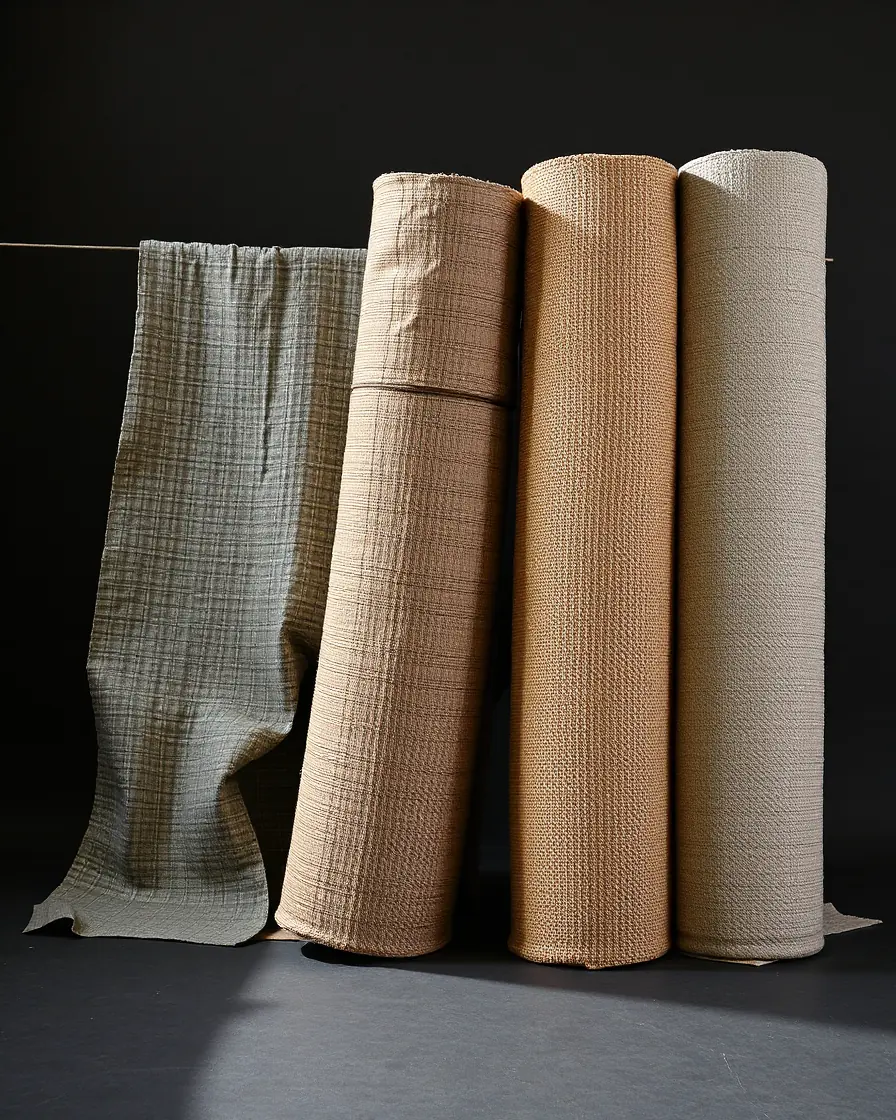 Rolls of woven contract upholstery fabric in grey, taupe and oatmeal standing against a dark studio backdrop