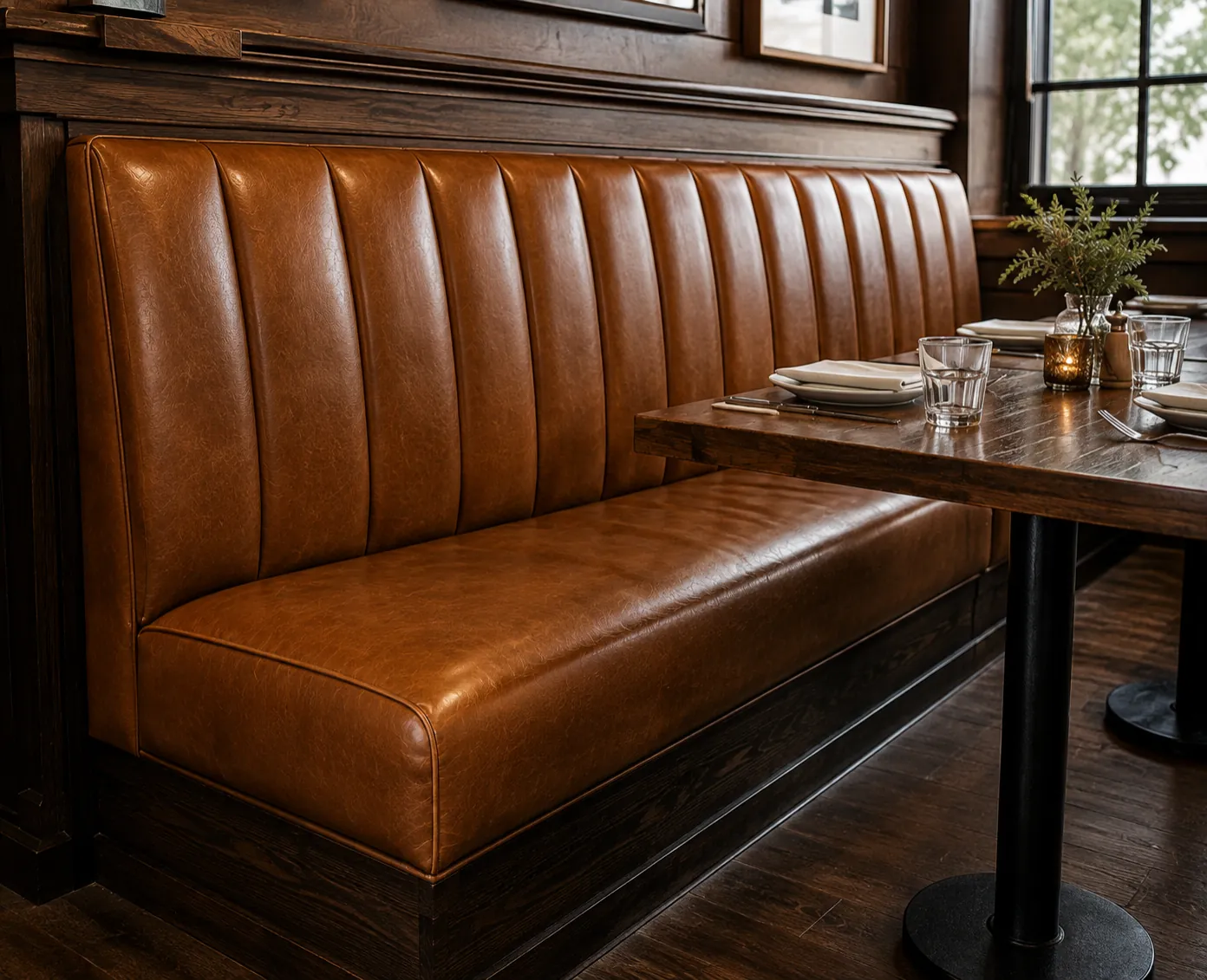 Freestanding tan leather booth with a channelled back and a fixed timber base
