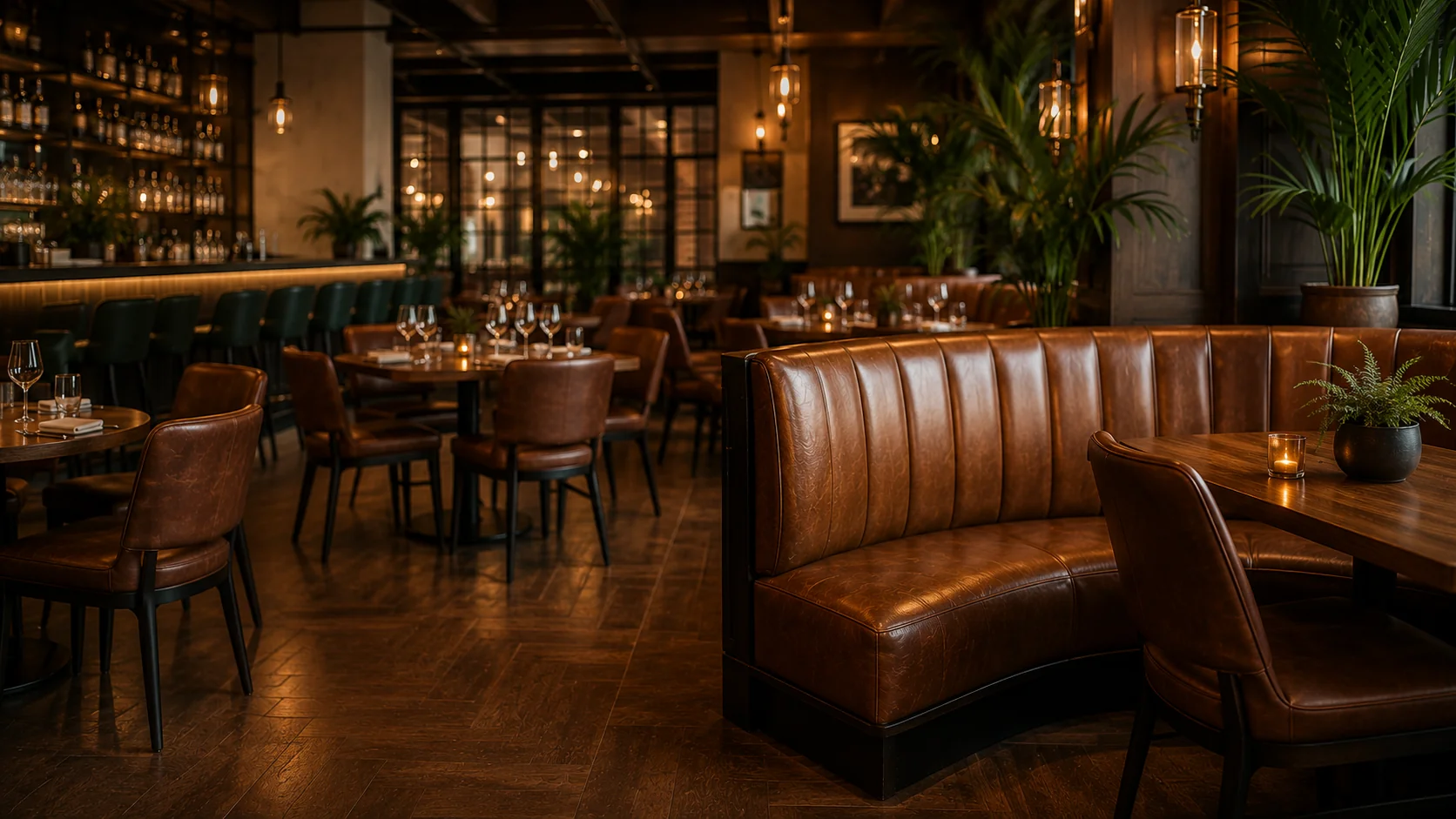 Restaurant dining room after last cover with tables cleared ready for overnight work