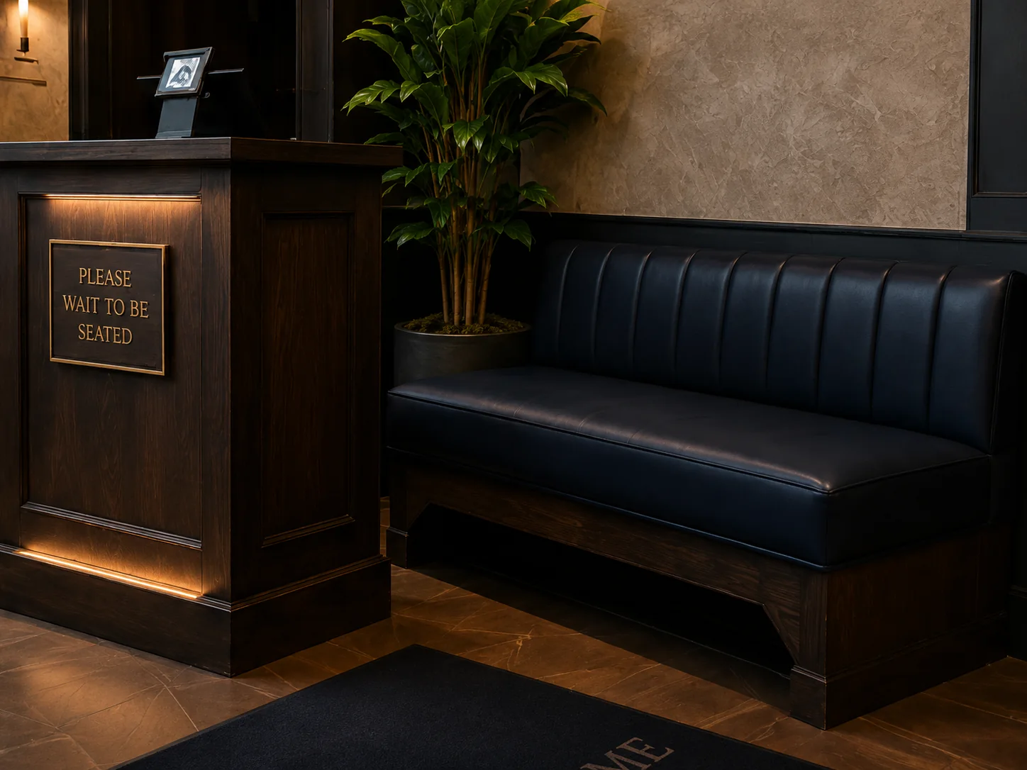 Black leather host bench beside a restaurant waiting stand, recovered in commercial vinyl