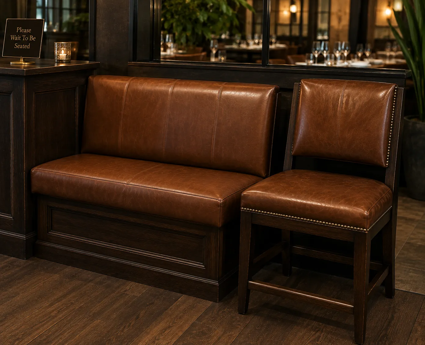 Leather bench seating in a restaurant waiting area