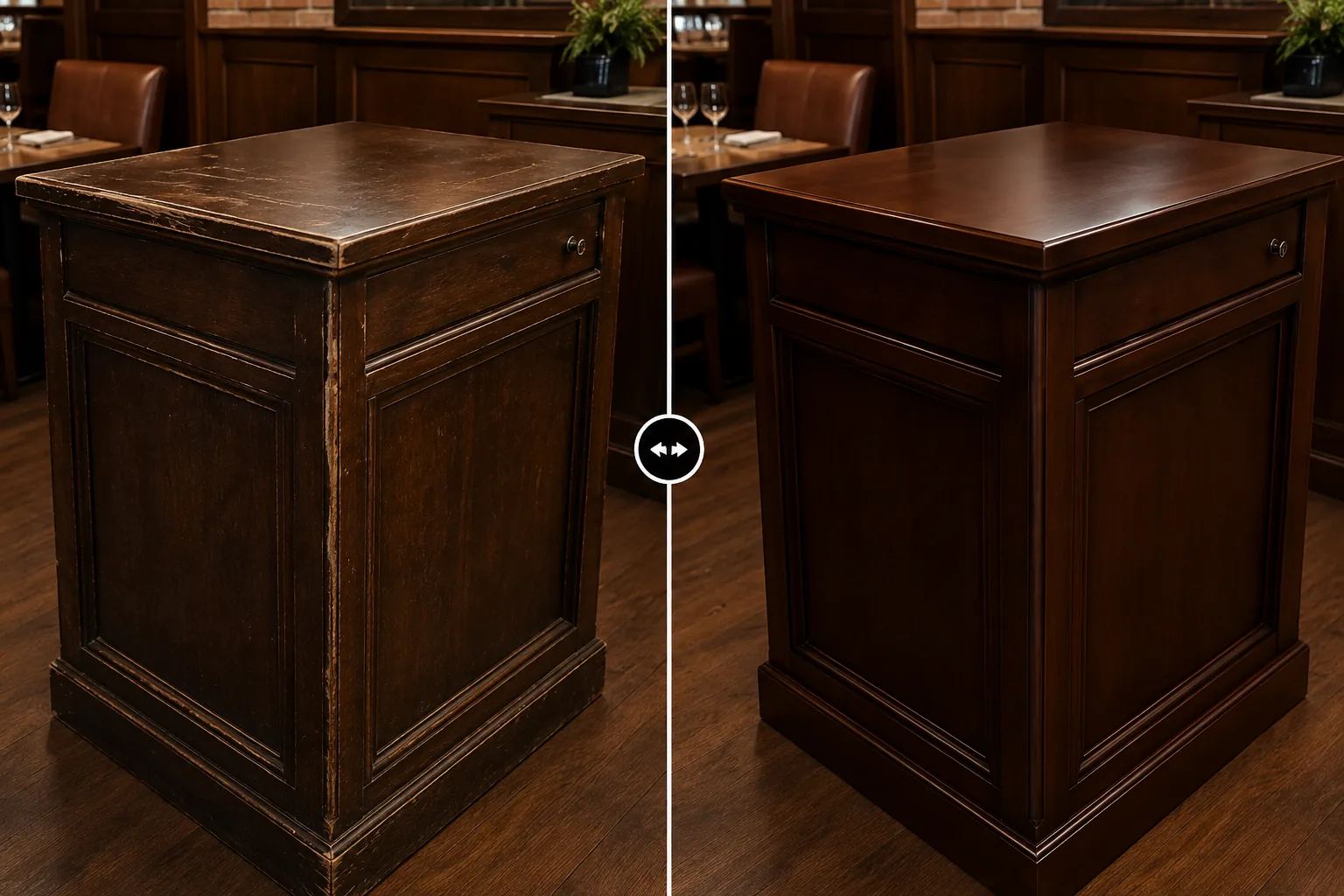 Dark timber restaurant host stand, scuffed and dull before refinishing and evenly polished after