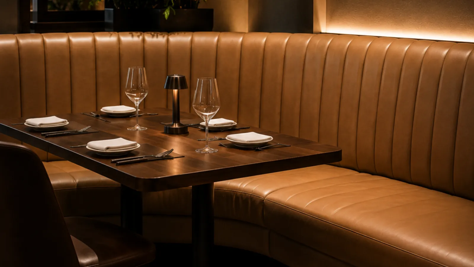 Fixed tan leather banquette seating in a restaurant, repaired in place without removal