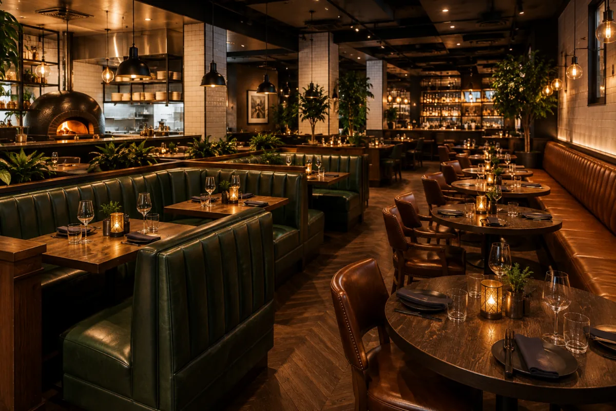 Green leather banquette seating in a dimly lit restaurant dining room