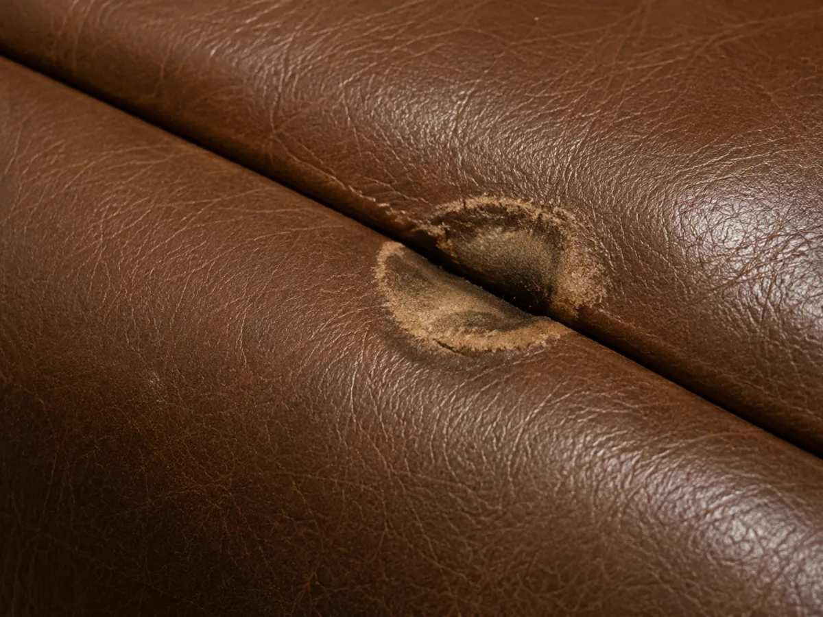 Cigarette burn mark on brown leather restaurant upholstery