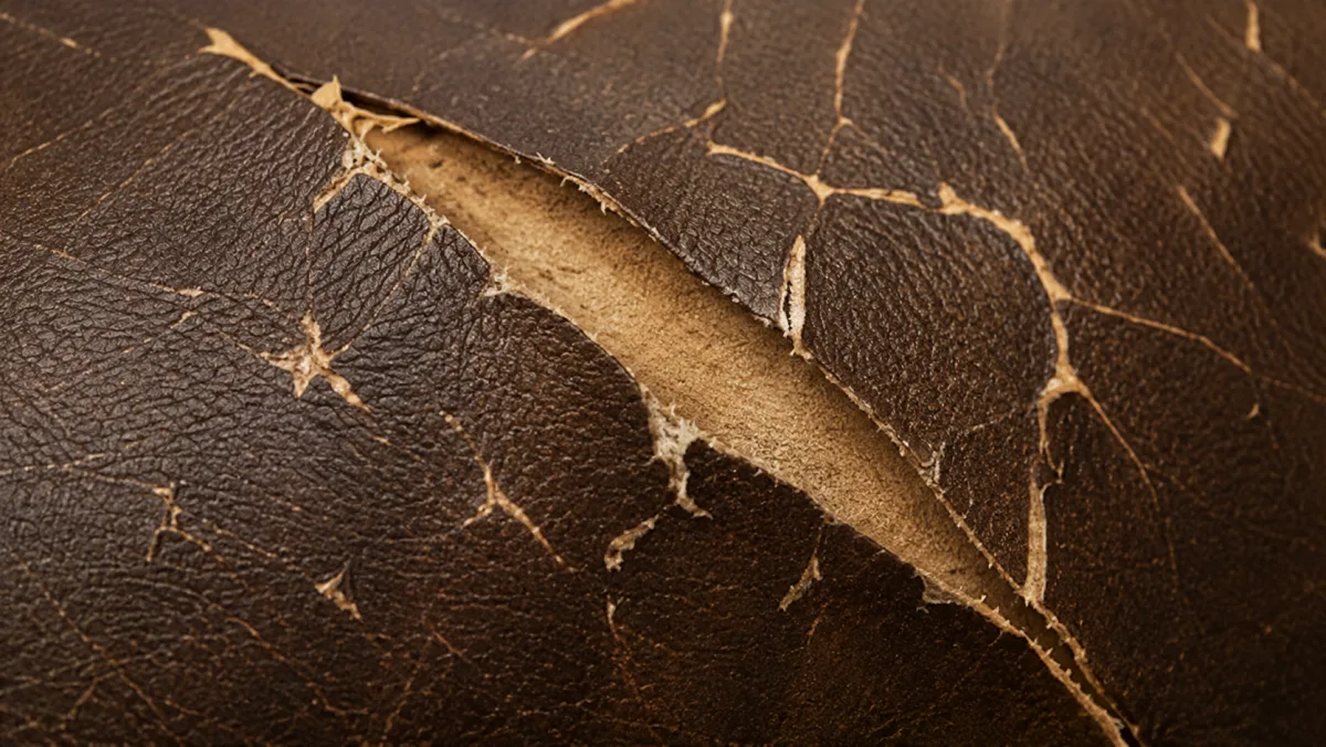 Cracked and crazed brown leather on a restaurant seat