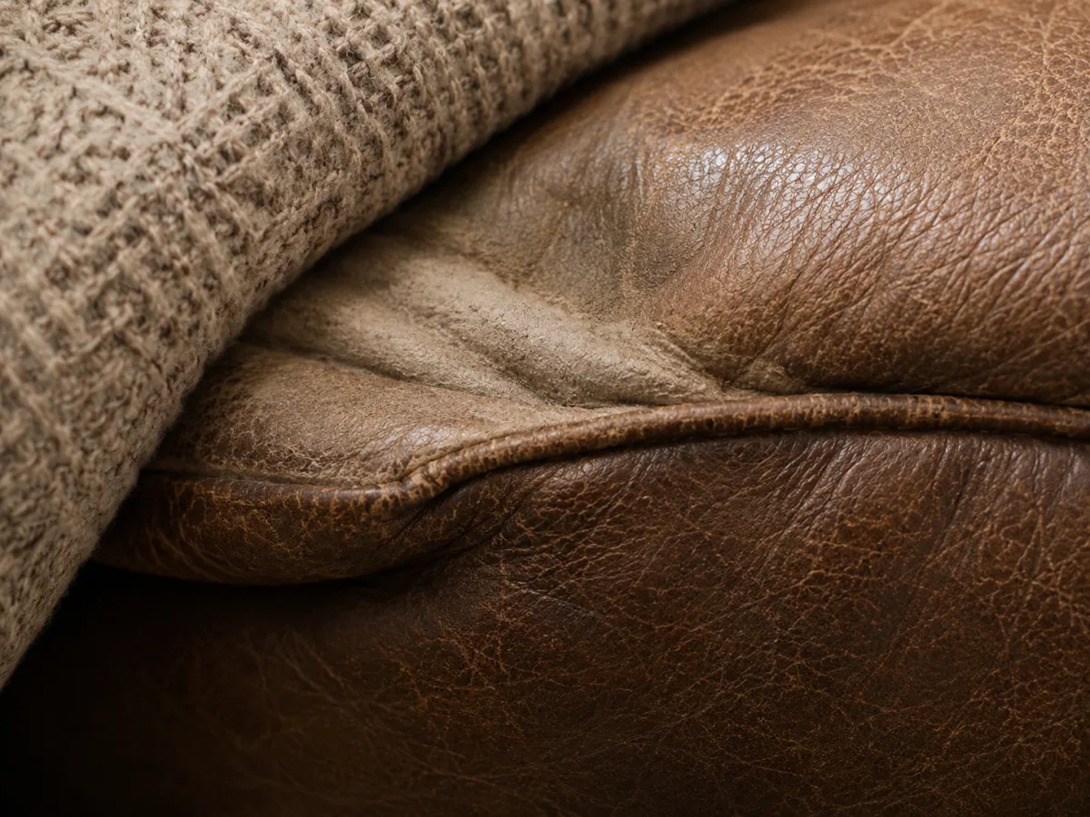 Front edge of a leather seat cushion folded over where the foam beneath it has collapsed