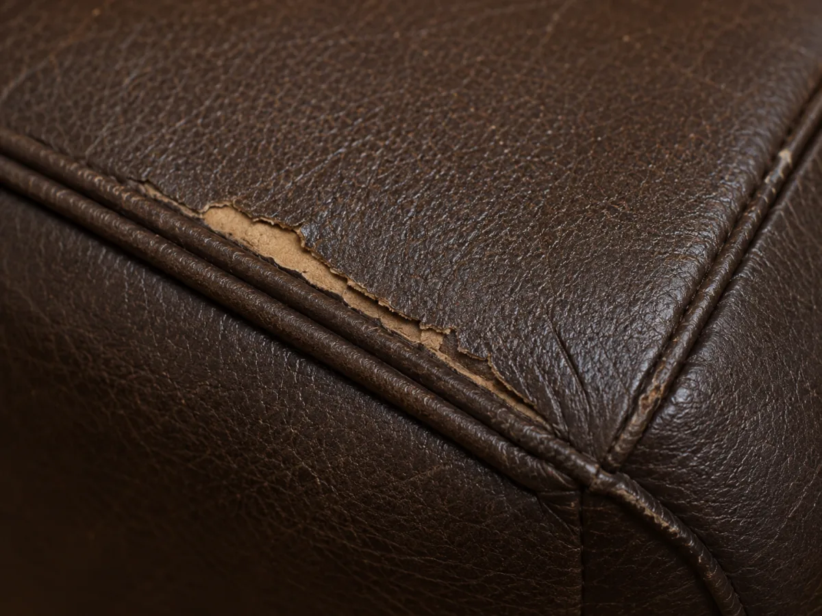 A brown leather restaurant booth with the top seam split wide open and pale foam visible inside