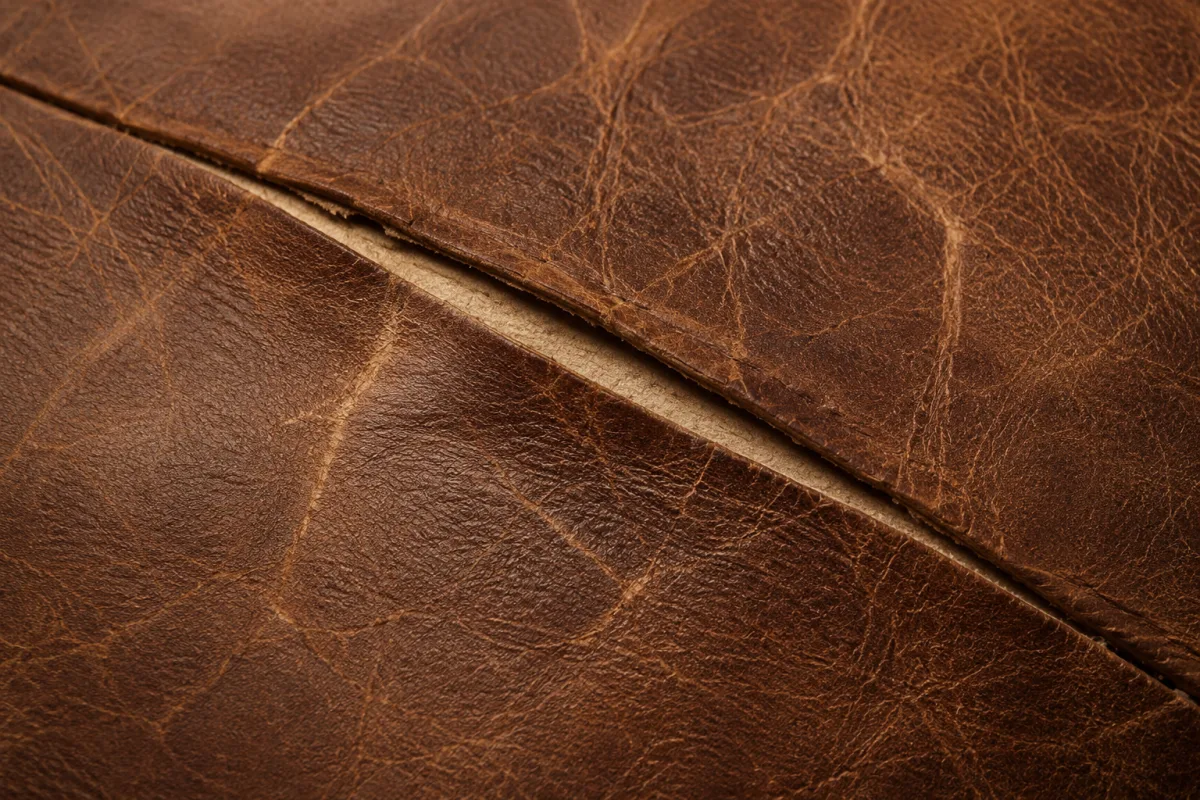 A leather panel split along a stress line, with the surface hardened either side of the opening
