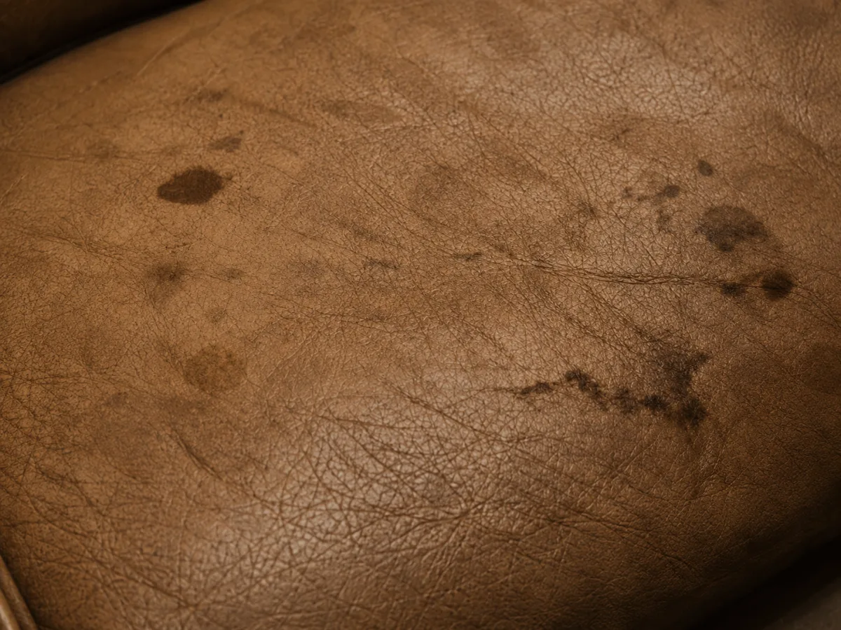 Dark stain soaked into a brown leather restaurant seat