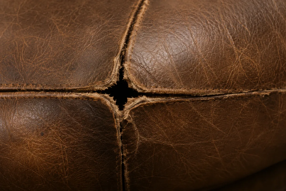 Star-shaped hole opened up where two seams meet on a brown leather cushion