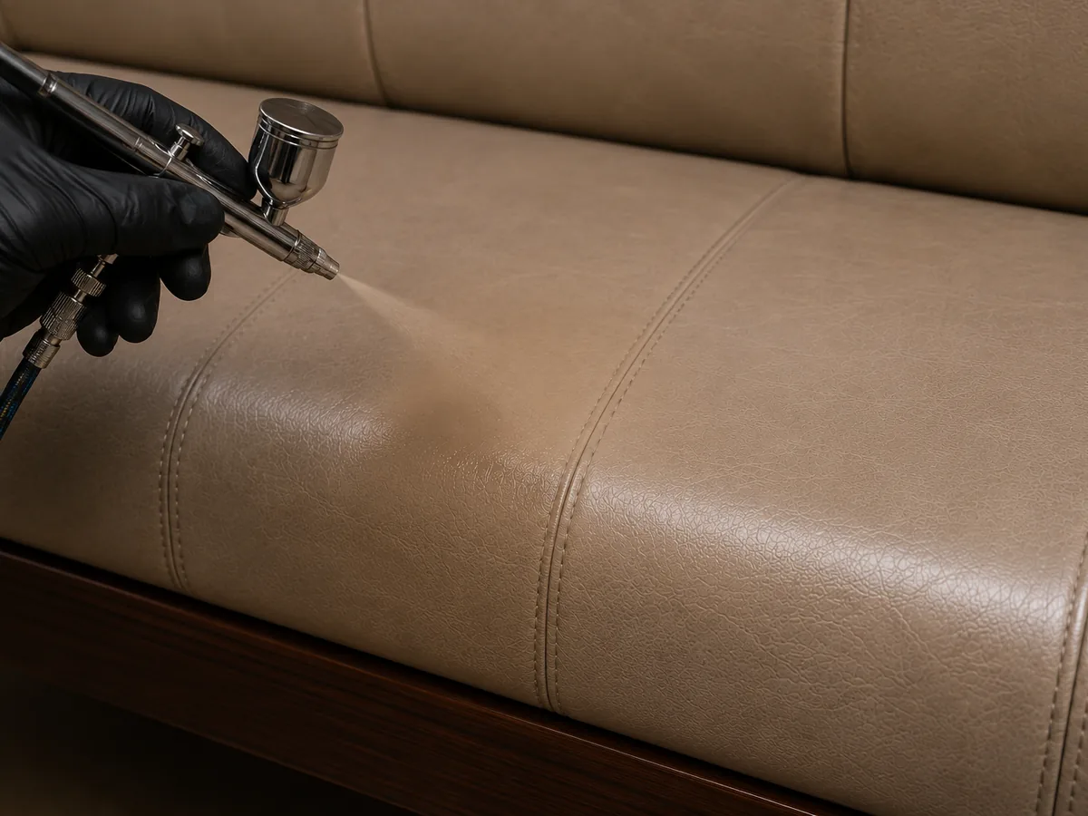 An airbrush laying a thin fan of colour across a taupe leather bench seat, feathered out past the worn edge