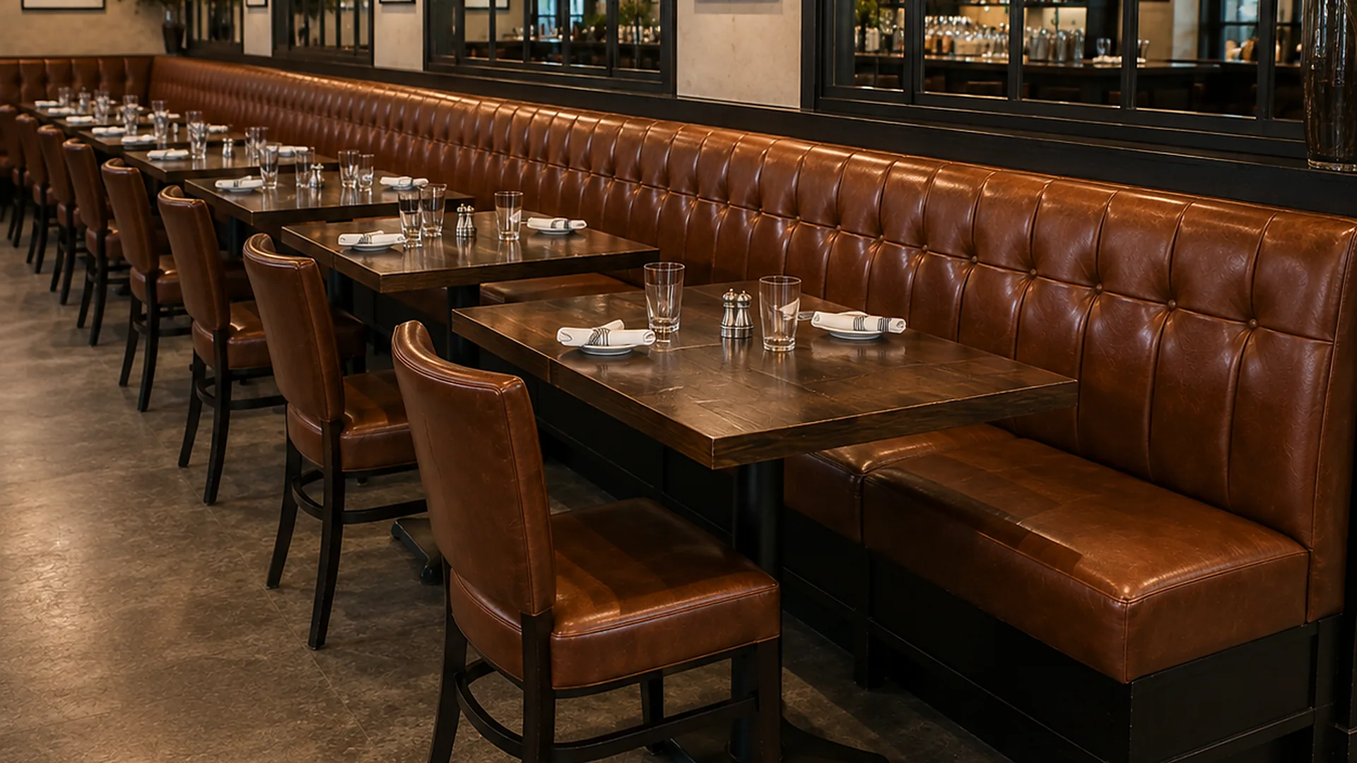 Restaurant dining room restoration NYC — a long fluted cognac leather banquette run set for service down one wall