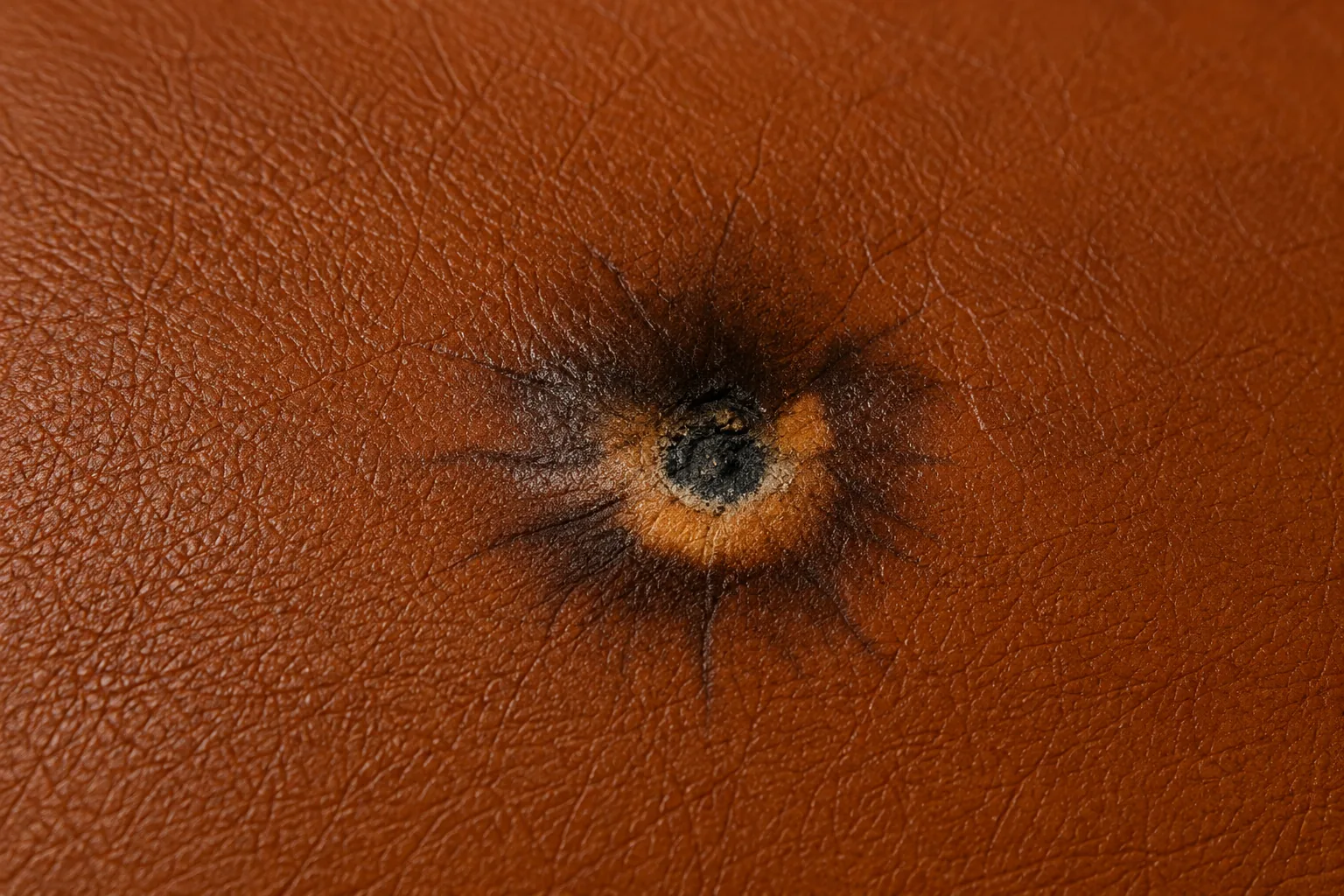 A cigarette burn scorched through the surface of a brown leather restaurant chair