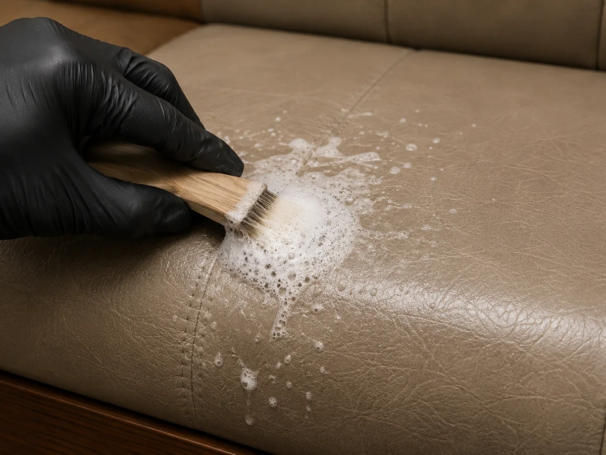 A gloved hand working cleaning foam across a taupe leather bench seat to lift grease and old finish before recolouring