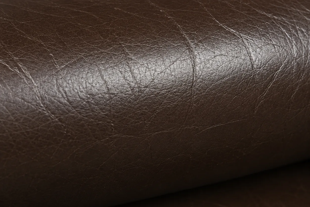 Dry crease lines running the length of a chocolate brown leather seat roll