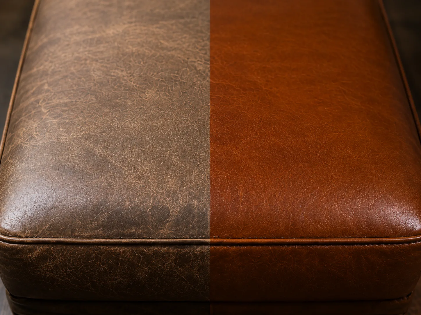 Leather cushion with the left half faded and the right half recolored in bar furniture restoration NYC work, split down the middle