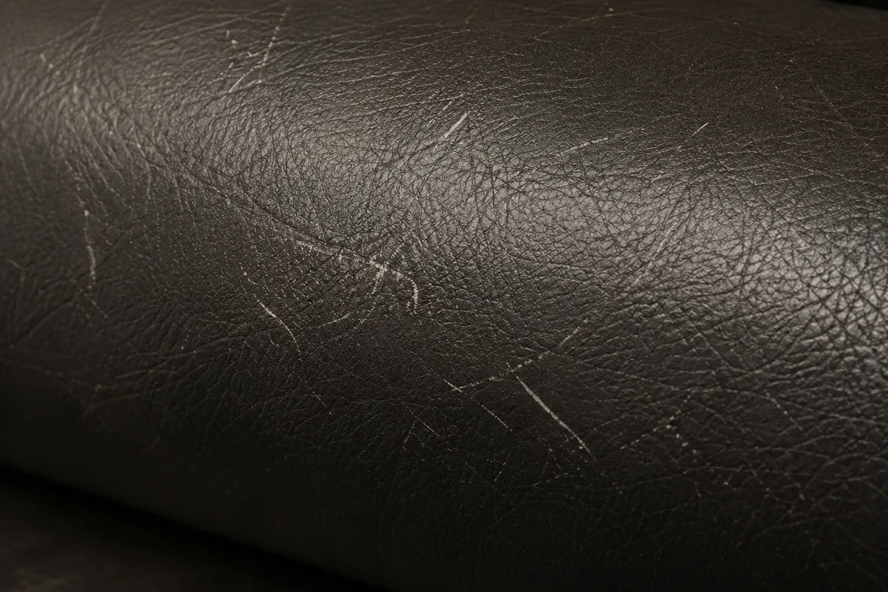 Short white scratch lines cut into the finish of a dark brown leather seat roll