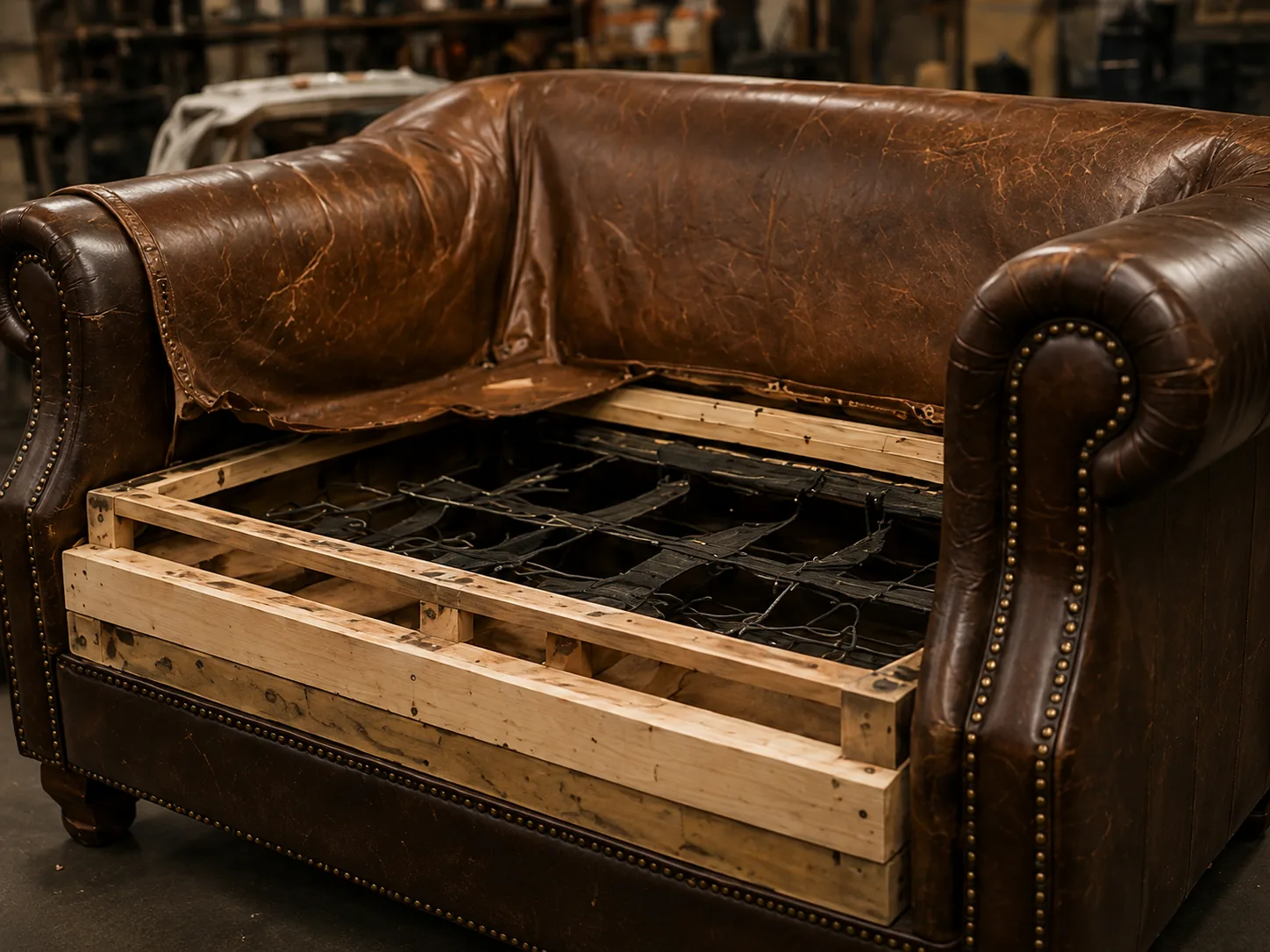 A brown leather sofa with the seat cover taken off, opened down to the bare timber frame and webbing