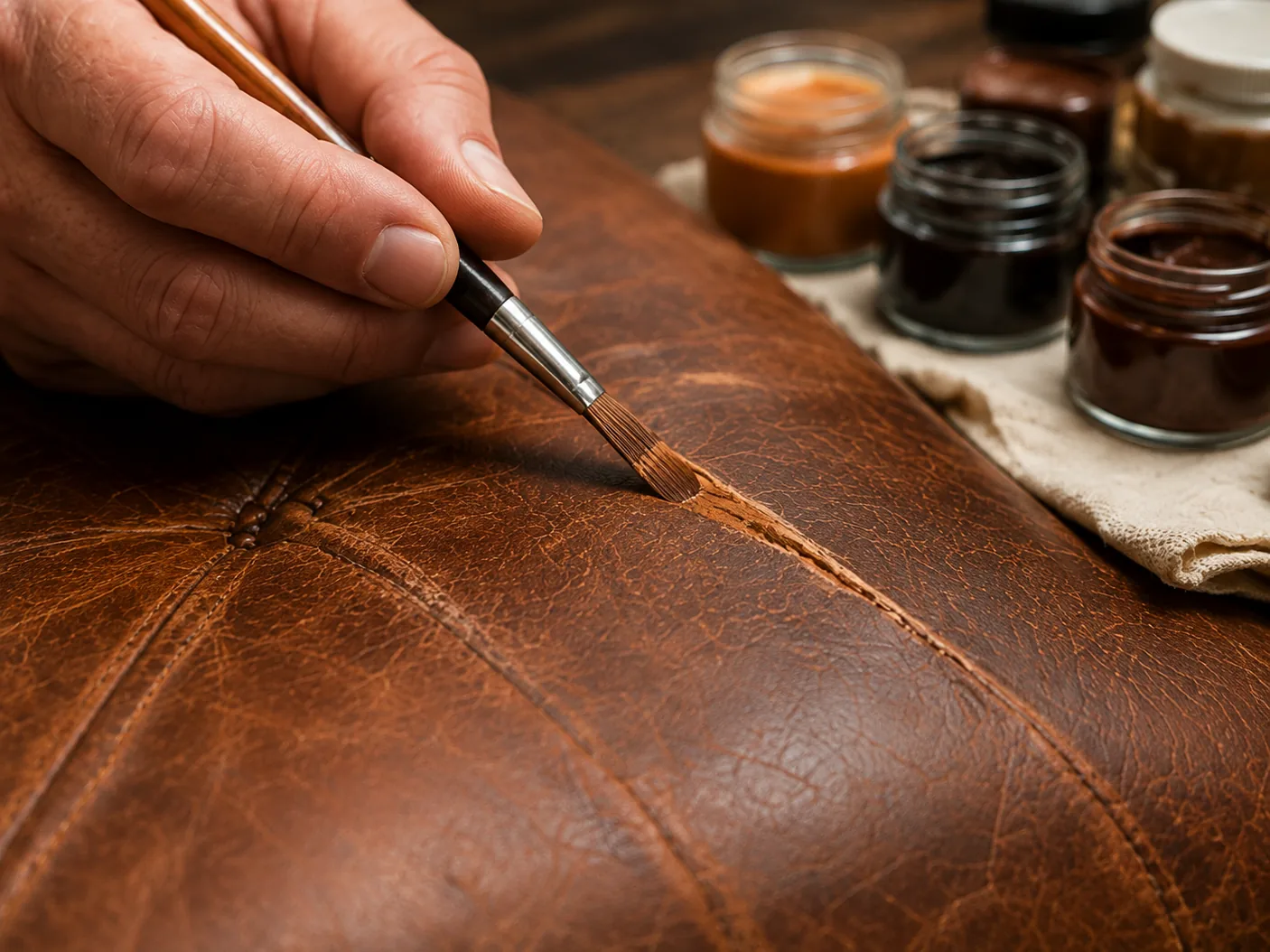 A technician working along a seam on a brown leather sofa arm with a fine brush, pigment pots open behind