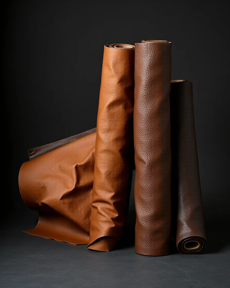 Rolls of cognac and chestnut upholstery leather standing against a dark studio backdrop
