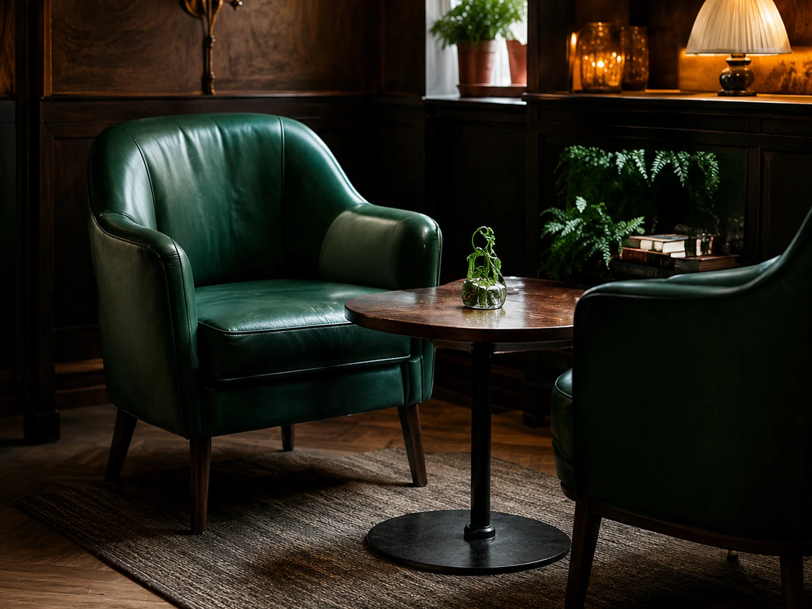Two green leather club chairs either side of a low table in a lounge