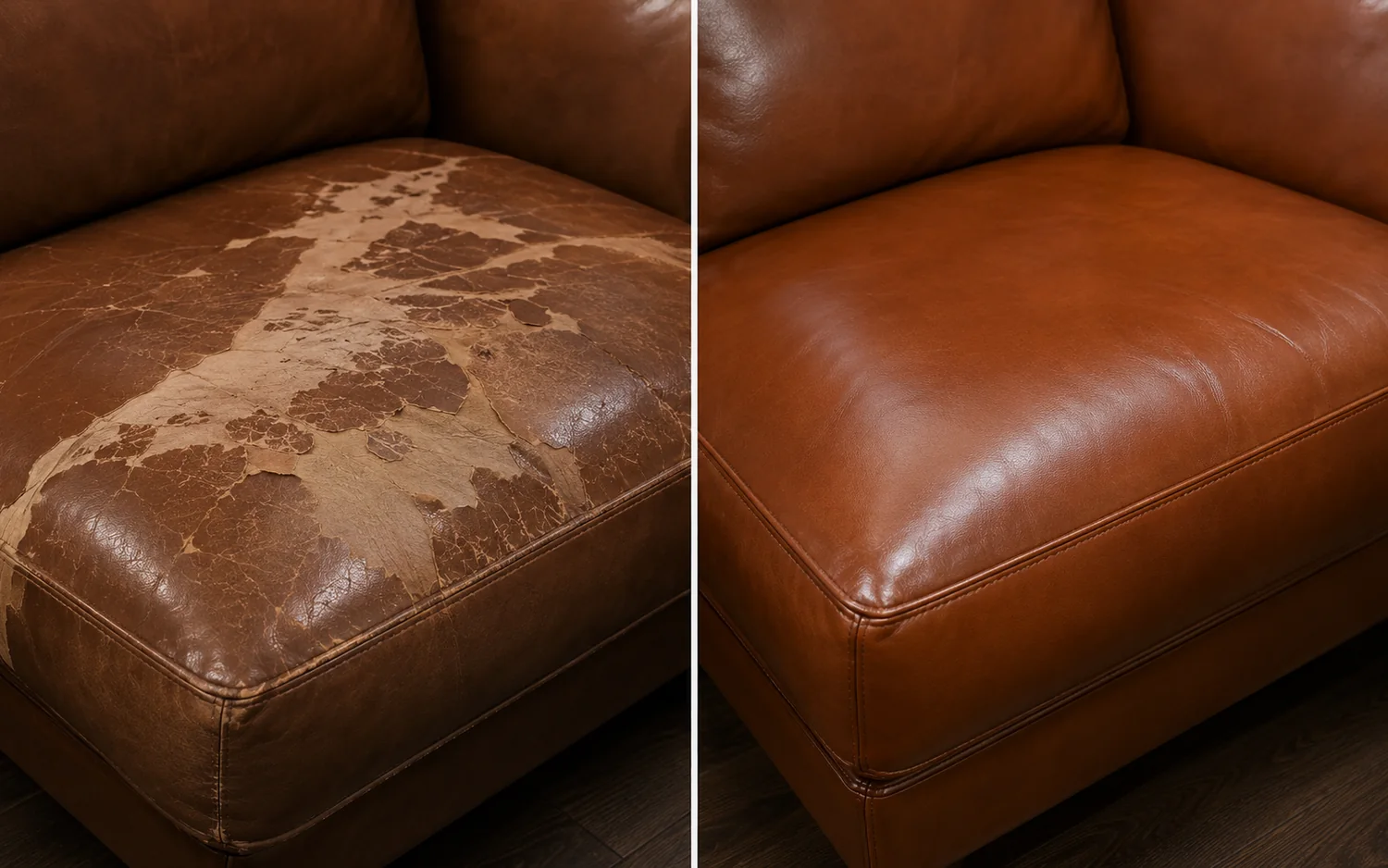 Restaurant lounge chair seat before and after reupholstery, flaked finish recovered in cognac leather
