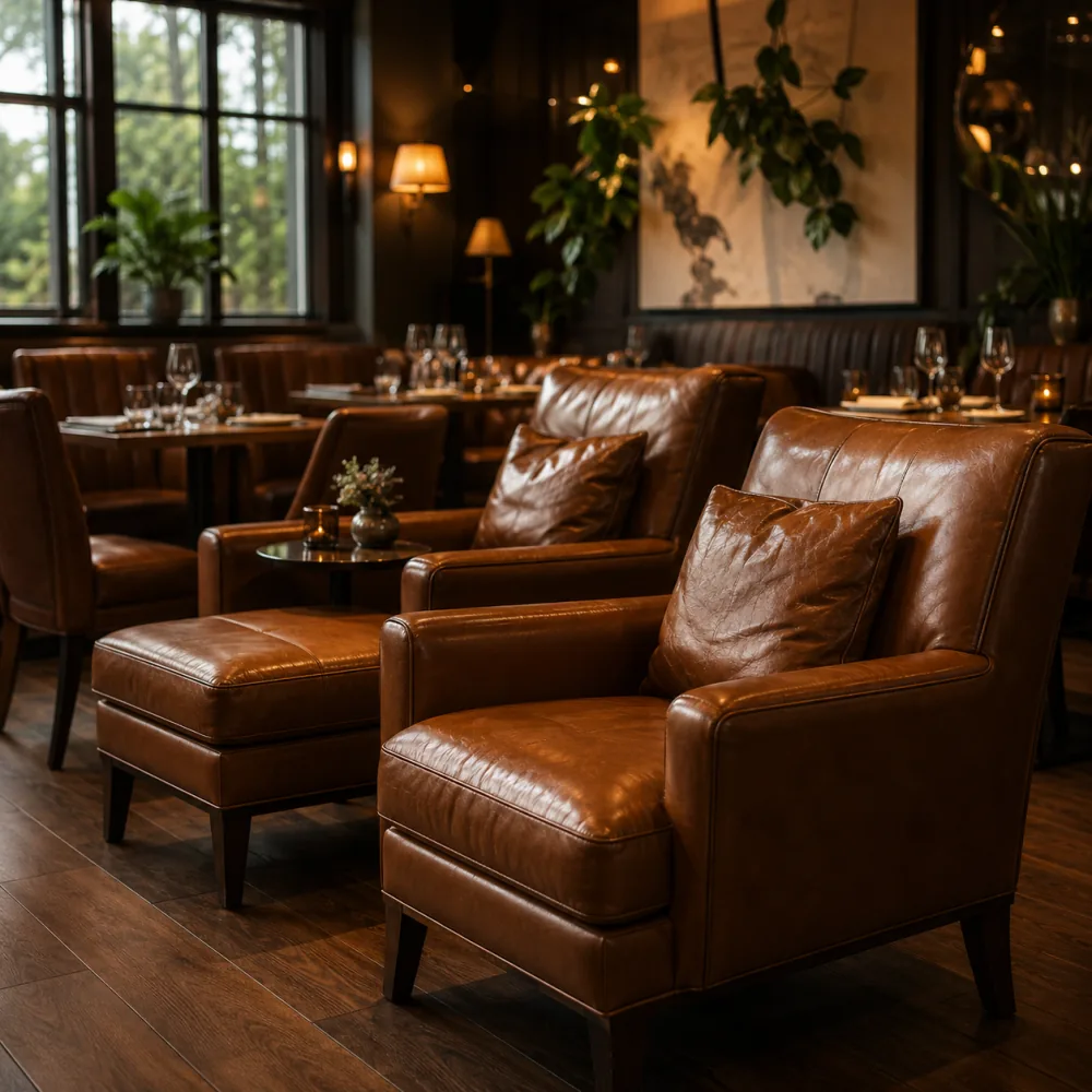 Tan leather lounge armchairs in a restaurant waiting area, arms and cushion cores repaired rather than recovered